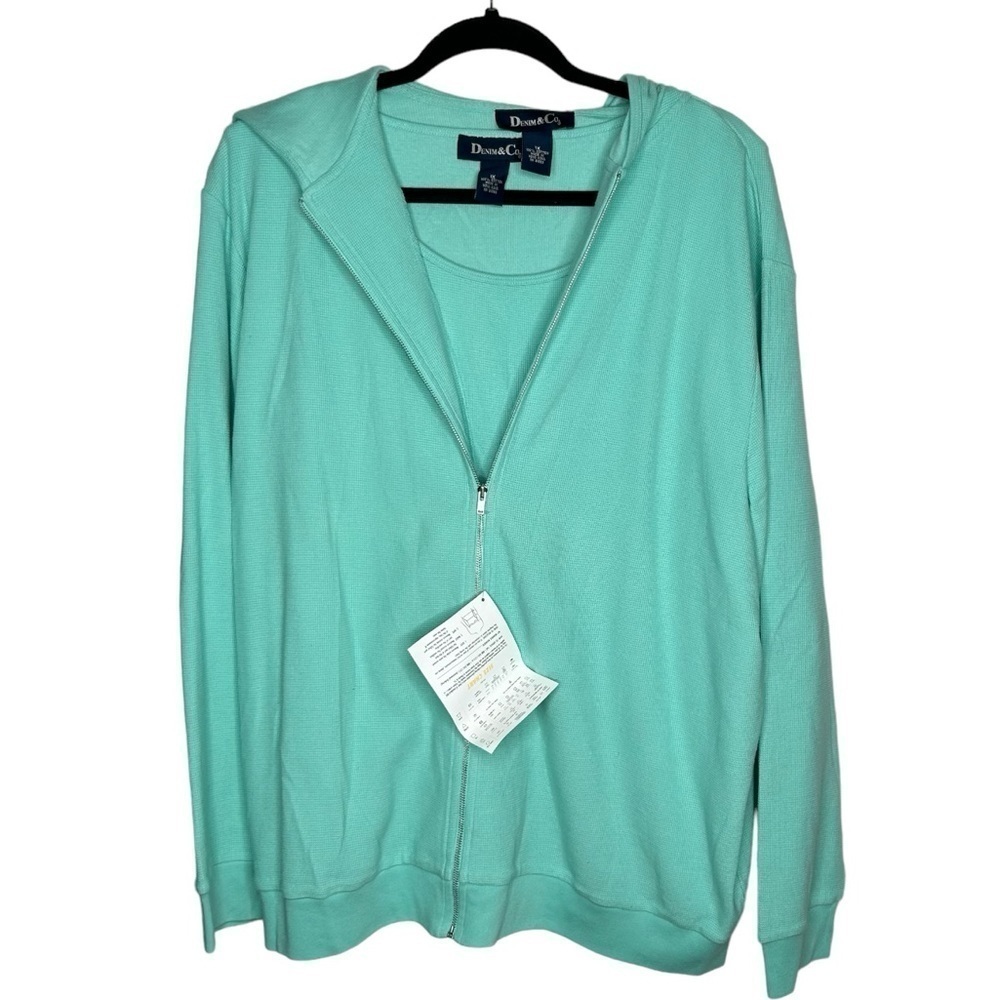 New Denim & Co. Women’s 2 Piece Thermal Tank & Cardigan 1X green blue BNWT